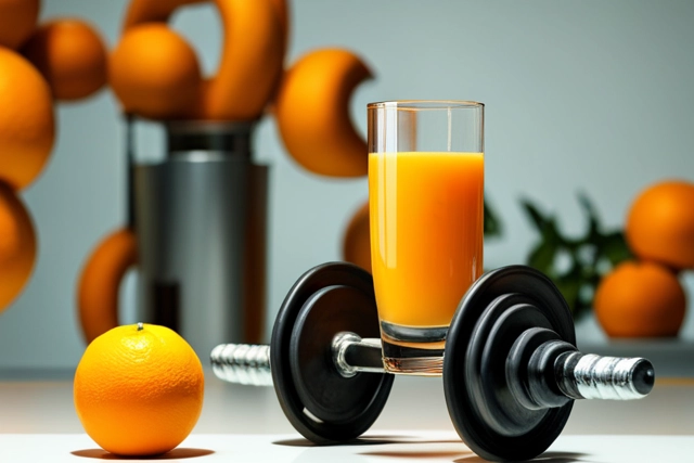 EDNH - École de Diététique et Nutrition Humaine​ - Orange with abs lifting weights in front a glass full of orange juice. The scene takes place on a table and the background is yellow